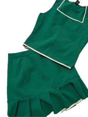 Green Two-Piece Top & Ruffle Skirt with Cream Trim